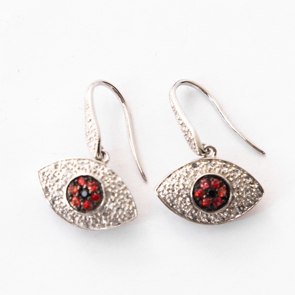 Rarities by Carol Brodie evil eye drop style earrings white topaz & red sapphire - Picture 11 of 14